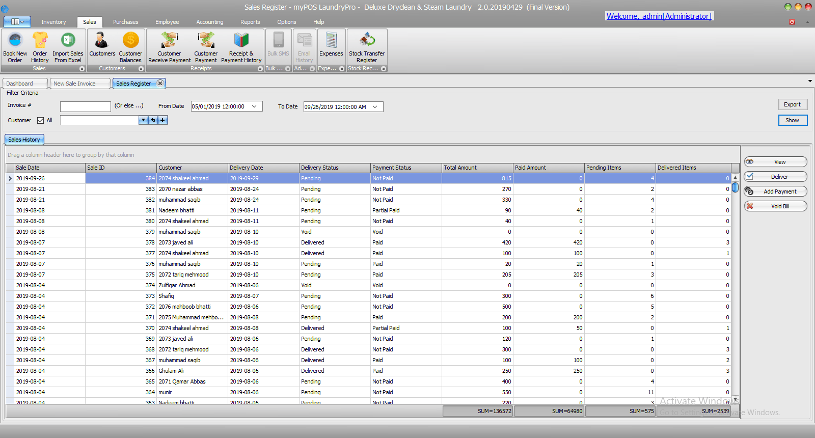 LaundryPro Sales History screen