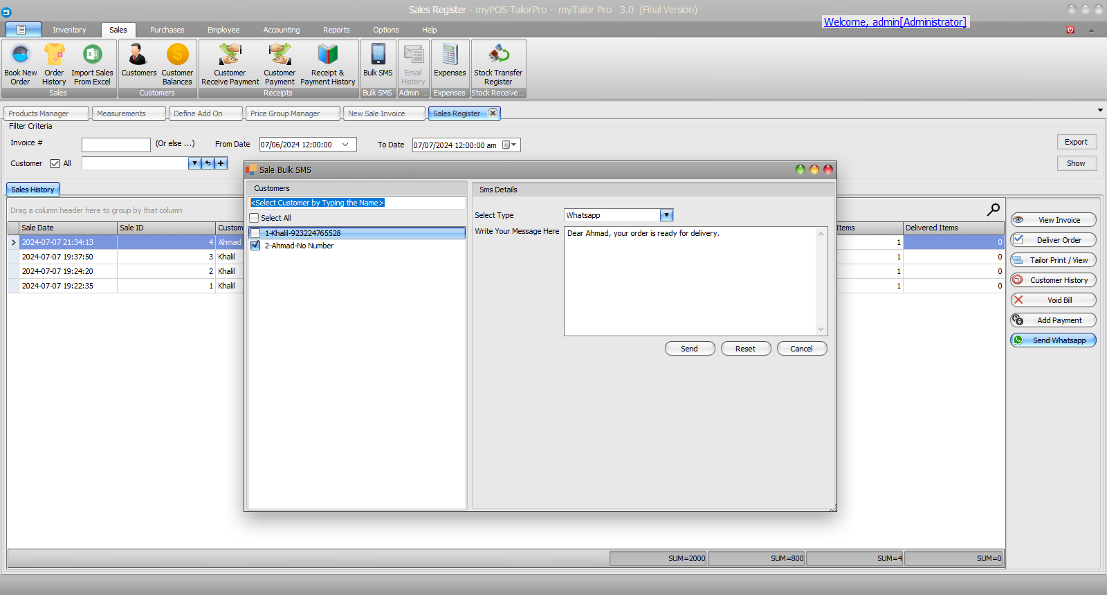 TailorPro screenshot: Send Whatsapp Message