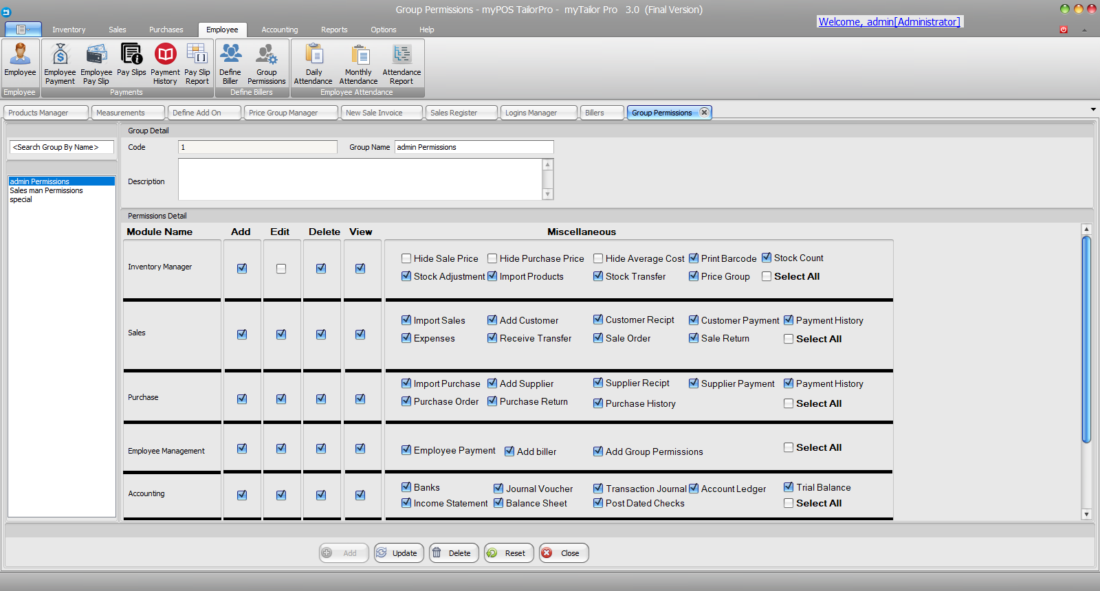 TailorPro screenshot: User Permissions